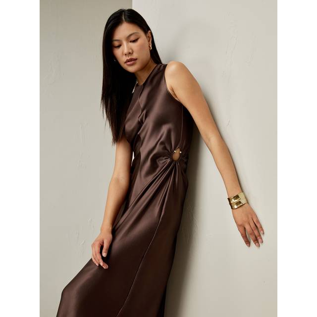 LILYSILK Womens Silk Dresses Chocolate Brown UK 22MM Silk Charmeuse Slim Fit Hollowed-out Details at Waist Bias-cut UK 18