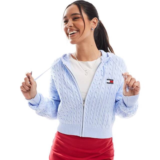 Tommy Jeans, Sweatshirts & Hoodies, Dam, S, Bomull, Blå Stickad Huva Tröja Heritage Stil - blue (S)