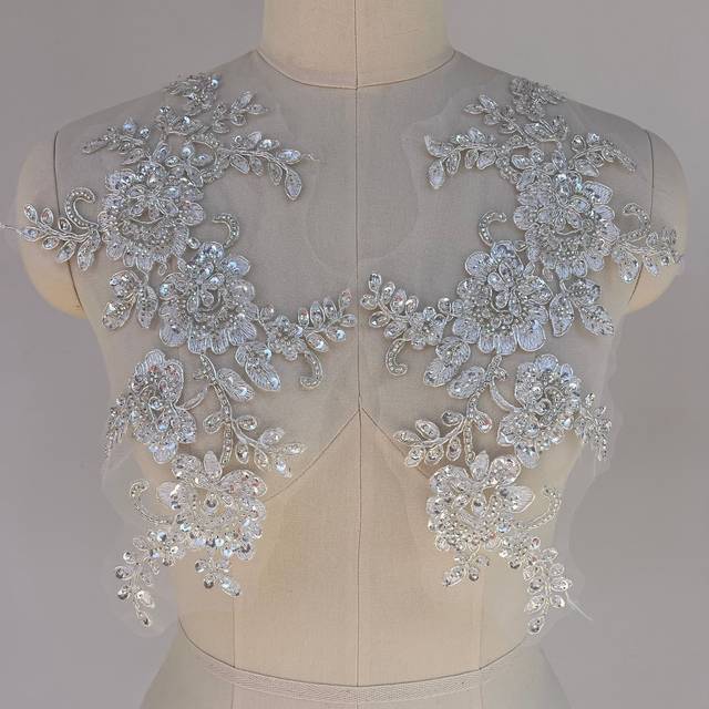 TEMU 1 Pair Of 3d Studed Beads, Lace, Flower Embroidery, Stickers, Wedding Dresses, Bridal Dress Decorations, Diy Patch Clothing Accessories (silvery)