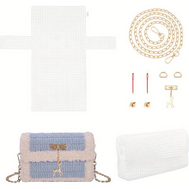 TEMU 1set Diy Crochet Bag Making Kits Including Plastic Mesh Canvas Sheets Needles Alloy Clasp And Crossbody Chain Light Golden, Diy Wallet Making