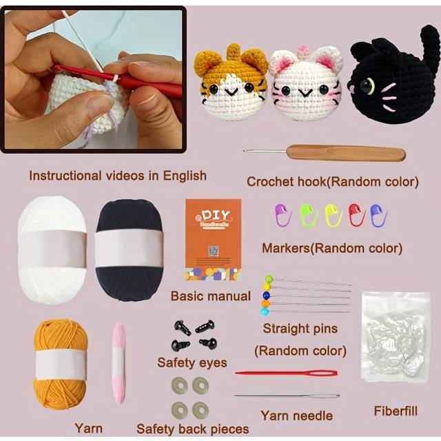TEMU Beginner Crochet Kit With Yarn - Set Of 3 Adorable Cat Amigurumi - Video Tutorial Included - Craft Kit For Beginners - Diy Crochet Cats Kit - Crafting Fabric Material