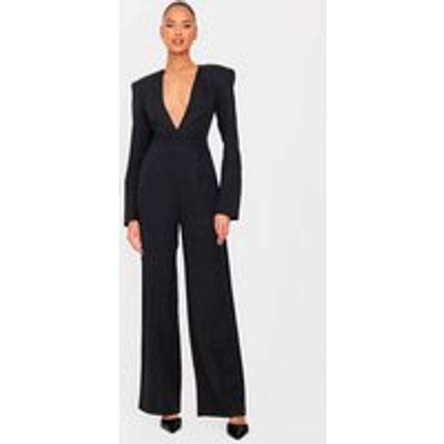 Black Woven Plunge Long Sleeve Straight Leg Jumpsuit, Black - 8