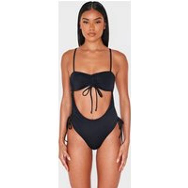 Black Ruched Cut Out Halter Tie Swimsuit, Black - 6