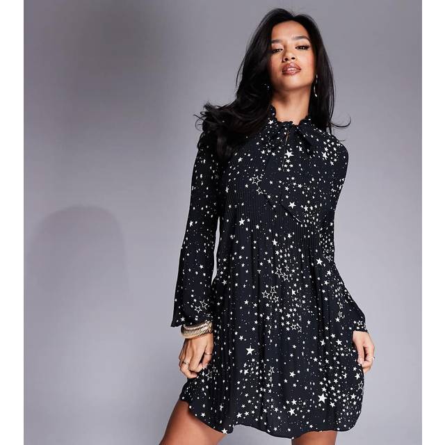 River Island Petite – Svart, stjärnmönstrad, plisserad miniklänning-Svart/a