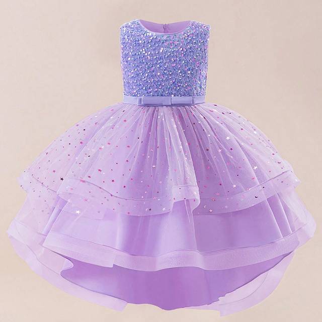 SHEIN Young Girls Sleeveless Round Collar Sequined Bow Mesh Train Fluffy Princess Dress, Elegant & Apparel Suitable For Wedding, Party