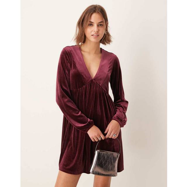 New Look Women's Plus Size Burgundy Velvet Long Sleeve Mini Dress Curves - UK 18