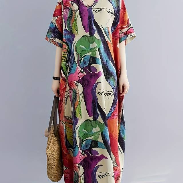 TEMU Women's Plus Size Cover Up Linen Kaftan Dress With Pockets, V-neck, Floral Print, Stretch Woven Fabric - 100% Linen