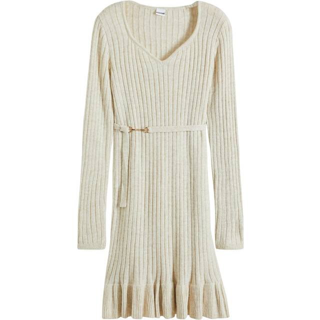 Damen Strick-Kleid Mini-Kleid mit Volant und Zierschnalle Langarm-Kleid Große Größen 924580 Creme meliert
