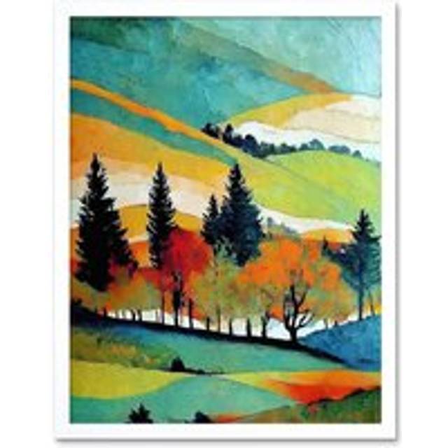 Wall Art Print Colourful Autumn Landscape Scotland Hillside Forest Oil Painting Art Framed - White - W12 inch x H16 inch