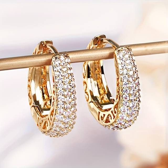 TEMU 1 Pair Of Luxurious Golden-tone Cubic Zirconia Hoop Earrings For Women - Elegant & Vintage-inspired, Nickel-free Copper, Ideal For Bridal & Party Wear, April Birthstone