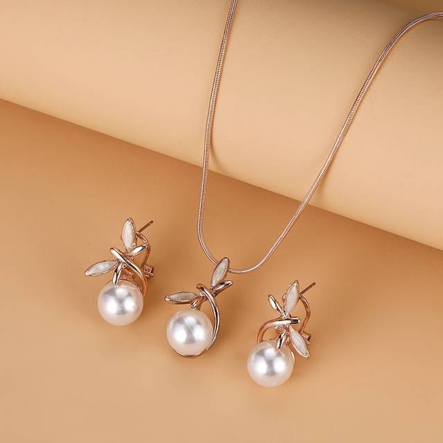 TEMU Vintage Elegant Alloy Jewelry Set, Dragonfly Pearl Pendant Necklace And Earrings, Unisex Fashion Accessories, For Celebrations, Birthdays, Valentine's, And Day