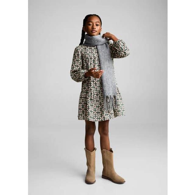 Mango Kids' Estrella Geometric Ruffle Dress, Green/Multi