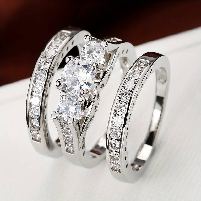 TEMU European And American Luxury Hip-hop Fashion Personality Ring Set With Micro-inlaid Synthetic Zirconia For S, Three-piece Set