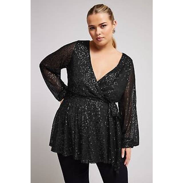 Yours London Curve Black Wrap Sequin Top, Women's Curve & Plus Size, Yours London - 22-24