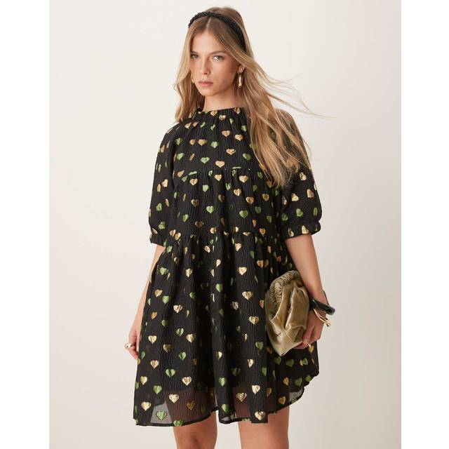 Sister Jane Carriage Hearts Jacquard Loose Fit Mini Dress, Black