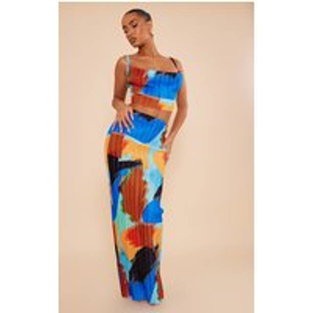 Blue Abstract Print Plisse Maxi Skirt, Blue - 16