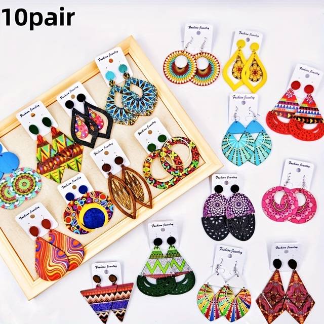 TEMU 5/10 Pairs/lot Wood Earrings For Women's Fashion Pendant Earrings Mixed With A Of Styles Ethnic Style Women's Earrings Wholesale Jewelry Gifts