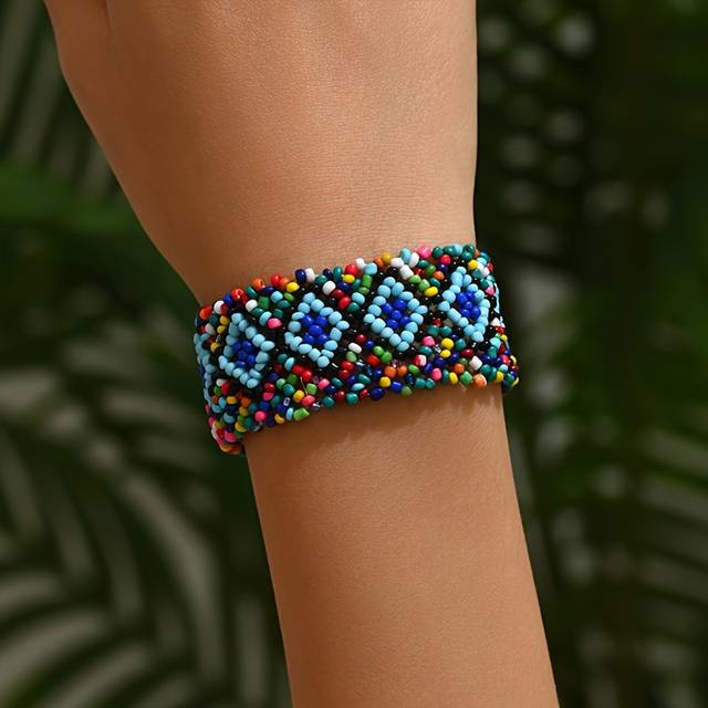 TEMU Bohemian Style Handmade Beaded Stretch Bracelet, Multicolor Geometric Elastic Bead Wristband For Women, Unique Boho Jewelry Accessory