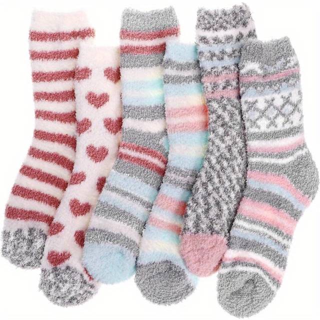 TEMU 6 Pair Women's Cozy Fluffy Socks - Soft Plush Winter Warm Striped & Heart/-pattern Socks For Home, Christmas, Lounge & Indoor Activities, Cute Socks, Holiday Gift Idea, Patterns