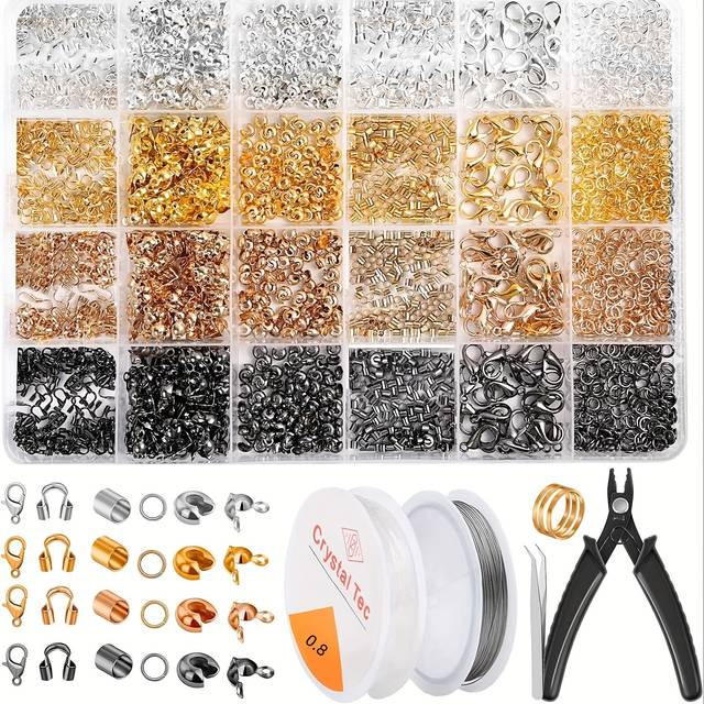 TEMU 2160/2120/1800pcs Crimp Beads Kit For Jewelry Making, Knot Covers, Crimp Bead Covers, Crimp Tubes, Jump Rings And Wire With Crimping Pliers, Elastic String For Bracelets Necklaces Making