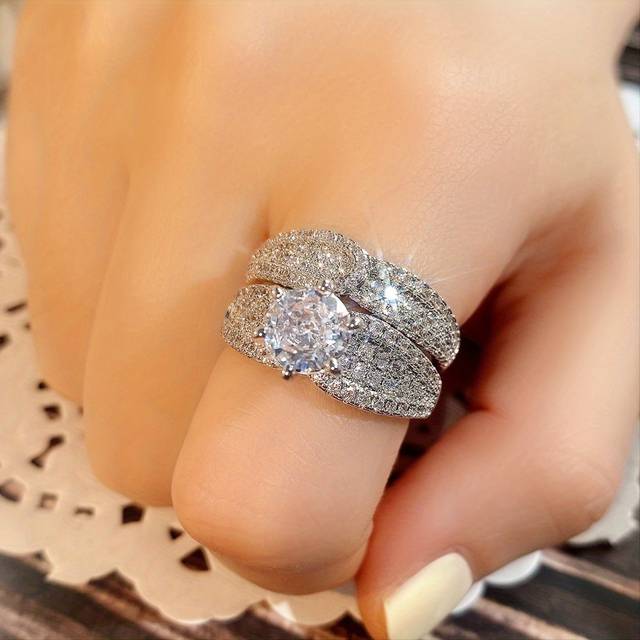 TEMU 2pcs/set Bridal Wedding Zirconia Ring For Women Engagement Proposal Gift Jewelry
