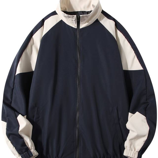 TEMU Men's Color Block Zip-up Jacket - Stylish Preppy Style, Lightweight Polyester, Long Sleeve With Pockets, Ideal For Spring/fall Streetwear & Outdoor Activities