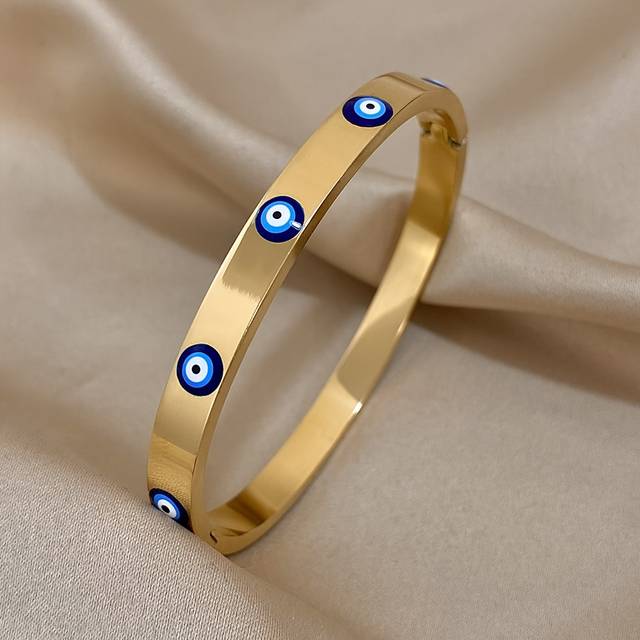 TEMU 1pc Gold-plated Evil Eye Cuff Bracelet - Stainless Steel With Charms, Ideal For , Parties, Valentine's & Day Gifts, Beach & Travel Accessory, Cute Bracelets, Best For Christmas