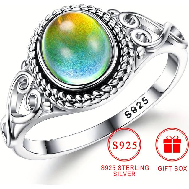 TEMU Emotional Temperature Sensing Color Changing Ring For Women, Vintage Handmade Oval Ring Jewelry Daily Party Holiday Gift Gift Box