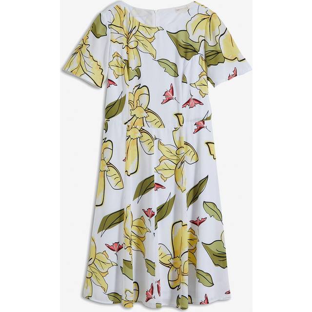 Damen Sommer-Kleid mit Blumen-Print Frühlings-Kleid mit Reißverschluss Kurzarm-Kleid 964446 Weiß/Gelb