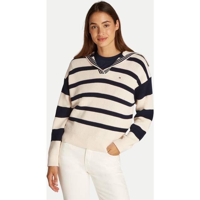 Tommy Hilfiger V Neck Striped Jumper - White, White, Size Xxl, Women - XXL