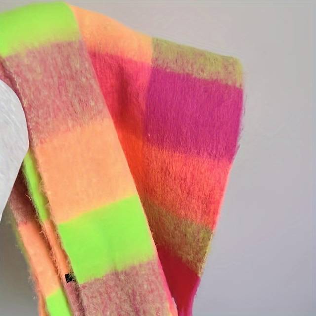 TEMU Boho Colorful Grid Tassel Chunky Scarf Thickened Soft Warm Tassel Shawl Autumn Winter Coldproof Windproof Wrapped Neck Scarf