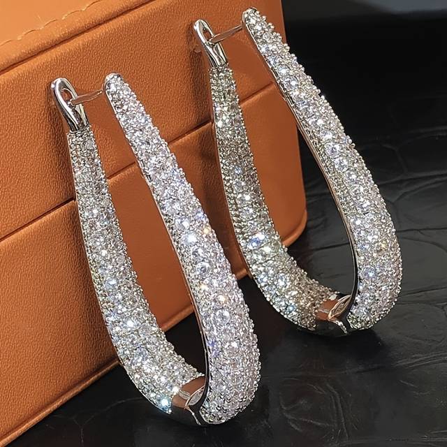 TEMU Of Women's Fashion Hoop Earrings Luxurious Inlaid Sparkling Synthetic Zirconia Hoop Earrings For Ladies Wedding Banquet High-end Jewelry Gift