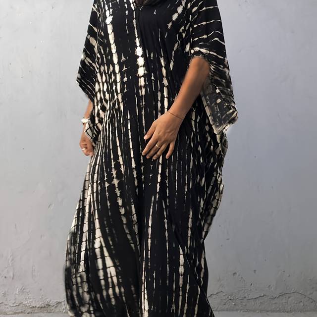 TEMU Plus Size Bone Chain Black And White Contrast Loose Fit Pullover Long Dress Spu: 337120406 Restock