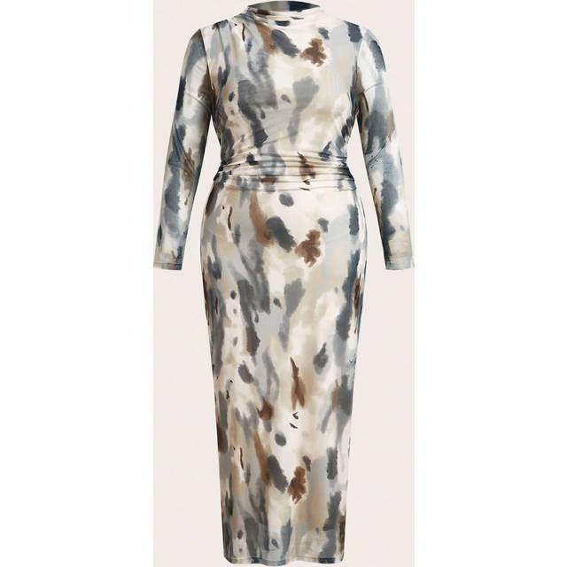 SHEIN Plus Size Women Tie-Dye Print Stand Collar Long Sleeve Maxi Casual Dress, Autumn