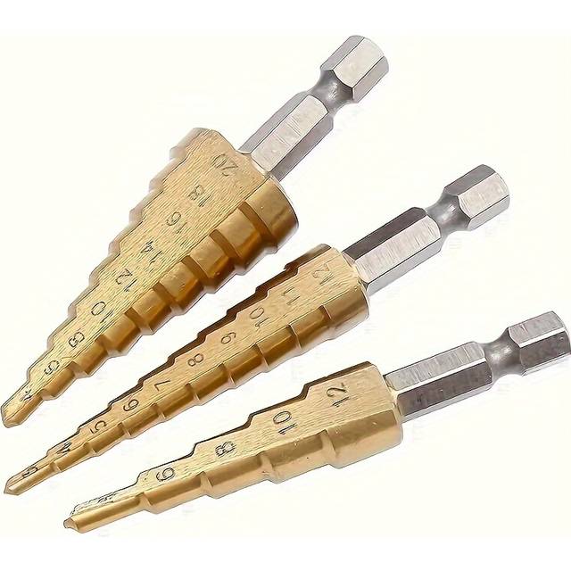 TEMU 3pcs Steel Step Drill Bit Set, Titanium-coated, Hole Drilling, Precision Hss Bits For Wood & Metal