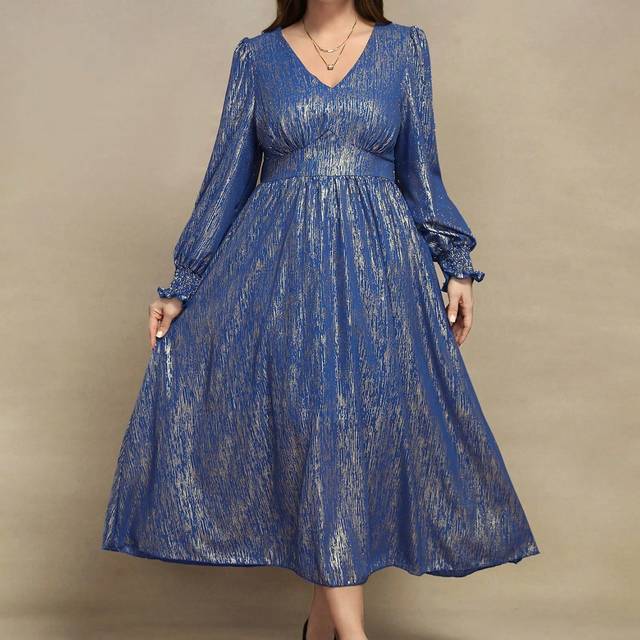 SHEIN Plus Size Elegant Gold Foil Trim Waistband Dress, For Autumn Maxi Women Outfit