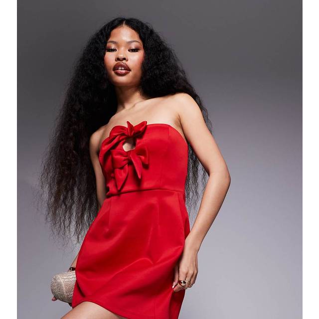 New Look Women's Petite Red Bow Detail Bandeau Mini Dress - UK 14