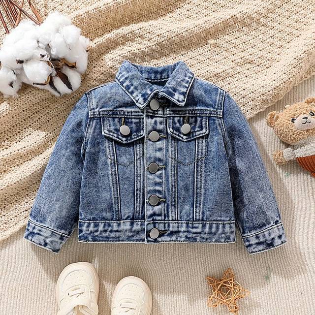 SHEIN Baby Boy Medium Wash Denim Jacket With Embroidered Bear Patch, Classic & Casual Design