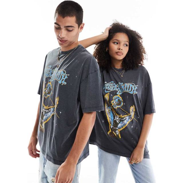 ASOS DESIGN – Bleksvart t-shirt i unisex-modell och oversize med licenserat "Aerosmith"-tryck-Vit/a