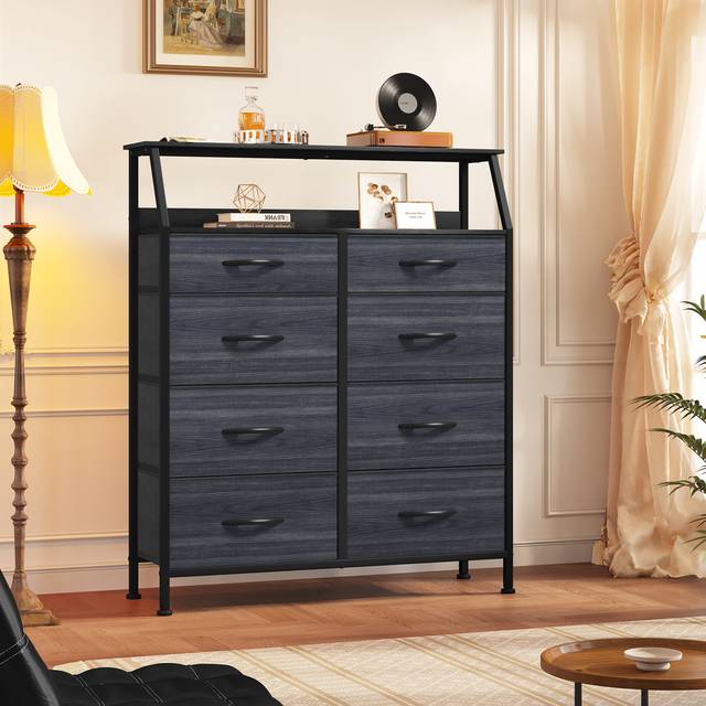 Borough Wharf Chest Of Drawer Bedroom Fabric Dresser With 8 Drawers Storage Unit Steel Frame Wood Top - Black (107cm H X 98.5cm W X 29cm D)