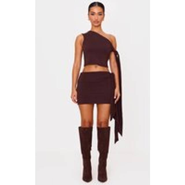 Petite Chocolate Contour Jersey Tie Detail Foldover Mini Skirt, Chocolate - L