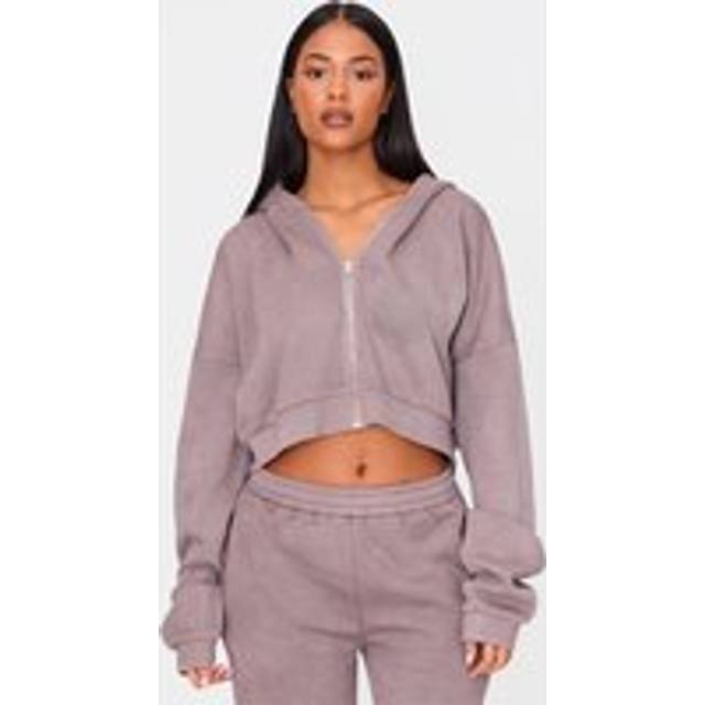 Tall Washed Brown Crop Boxy Zip Through Hoodie, Washed Brown - 6