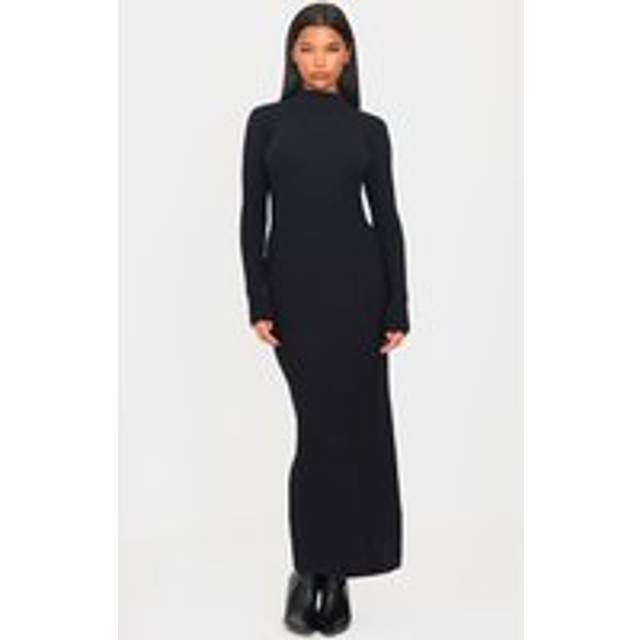 Black Light Rib Knit Long Sleeve Maxi Dress, Black - XS