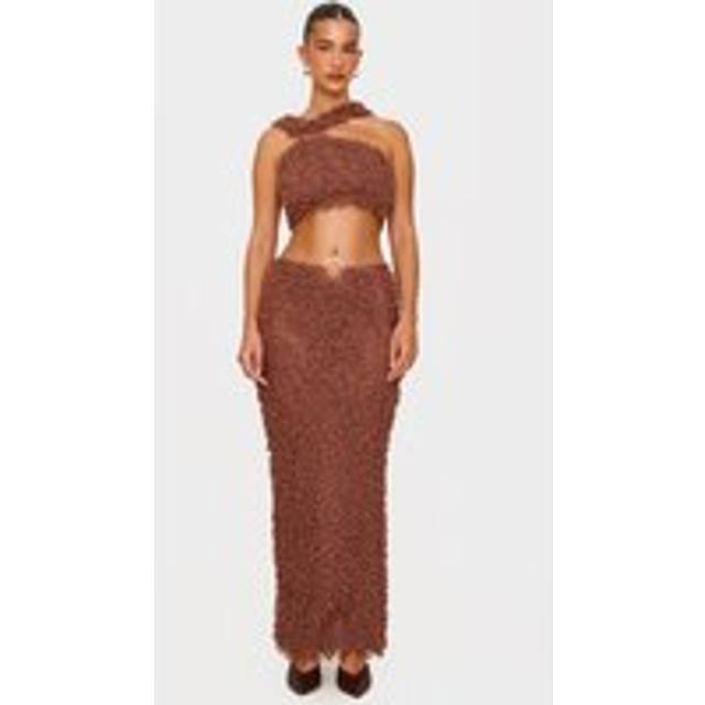 Chocolate Brown Fluffy Textured Trim Detail Low Rise Maxi Skirt, Chocolate - 14