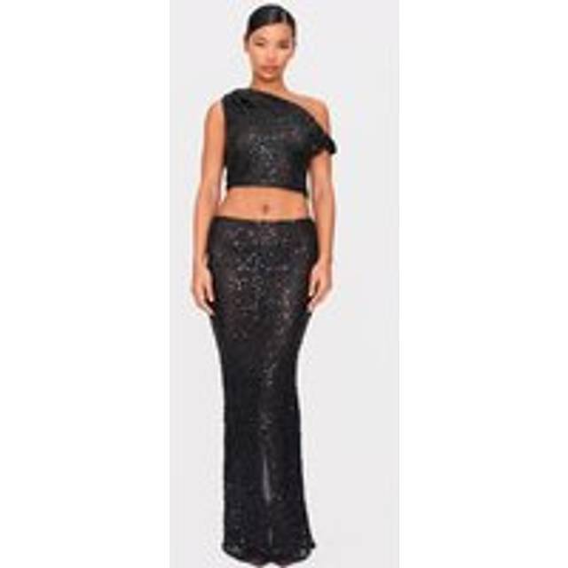 Black Sequin Textured Mid Rise Maxi Skirt, Black - 4