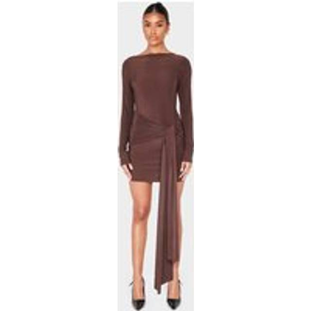 Chocolate Slinky Wrap Detail Mini Dress, Chocolate - 6