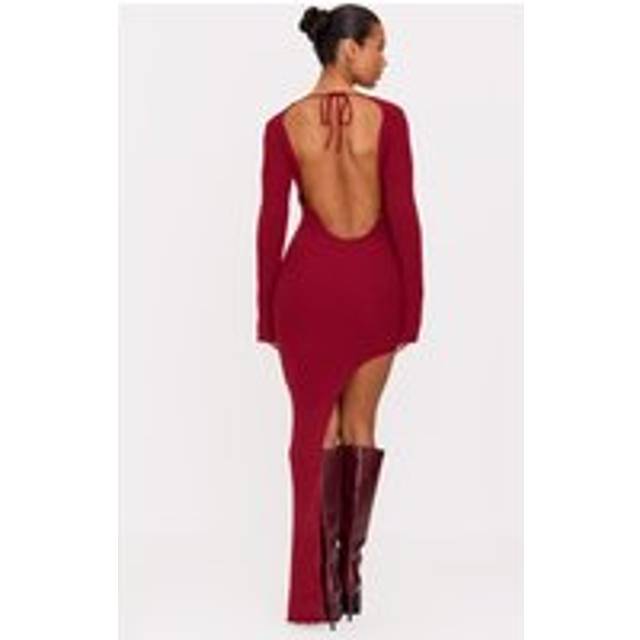Burgundy Rib Knit Low Back Long Sleeve Maxi Dress, Red