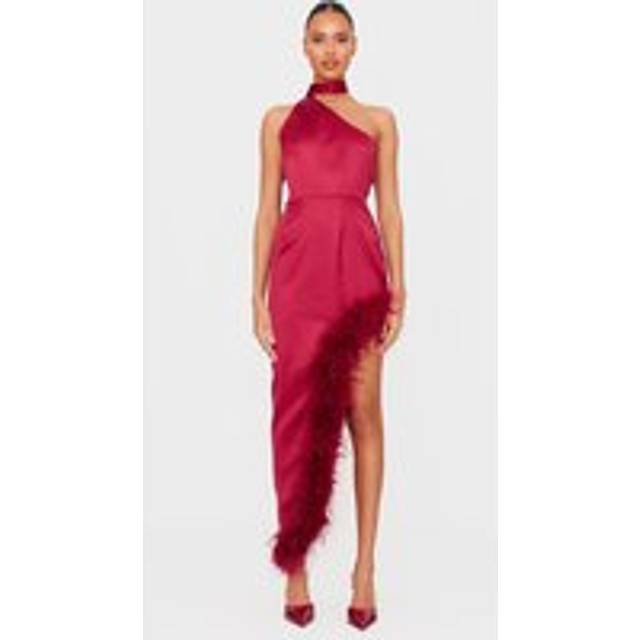 Red Satin High Neck Feather Trim Maxi Dress, Red - 8