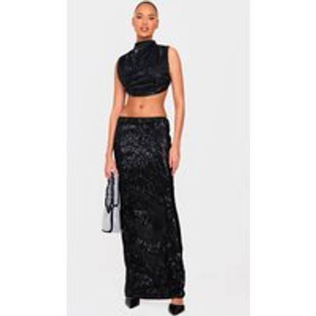 Black Sequin Mid Rise Maxi Skirt, Black - 10