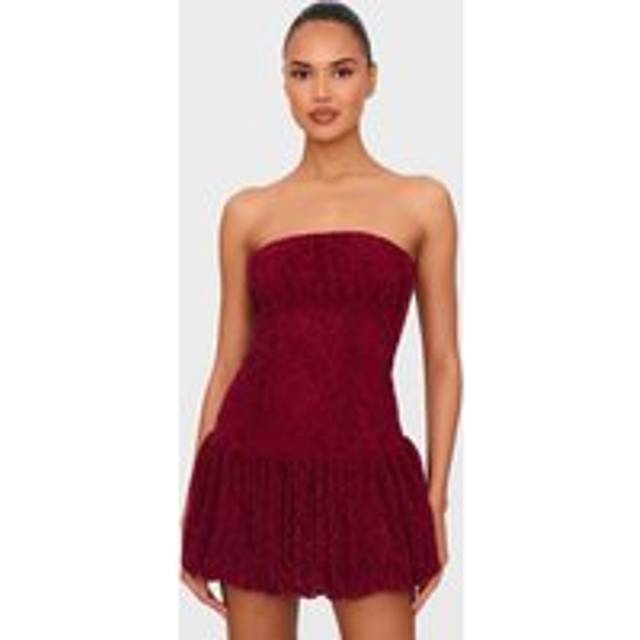 Cherry Red Lace Bandeau Ruched Mini Dress, Cherry Red - 12